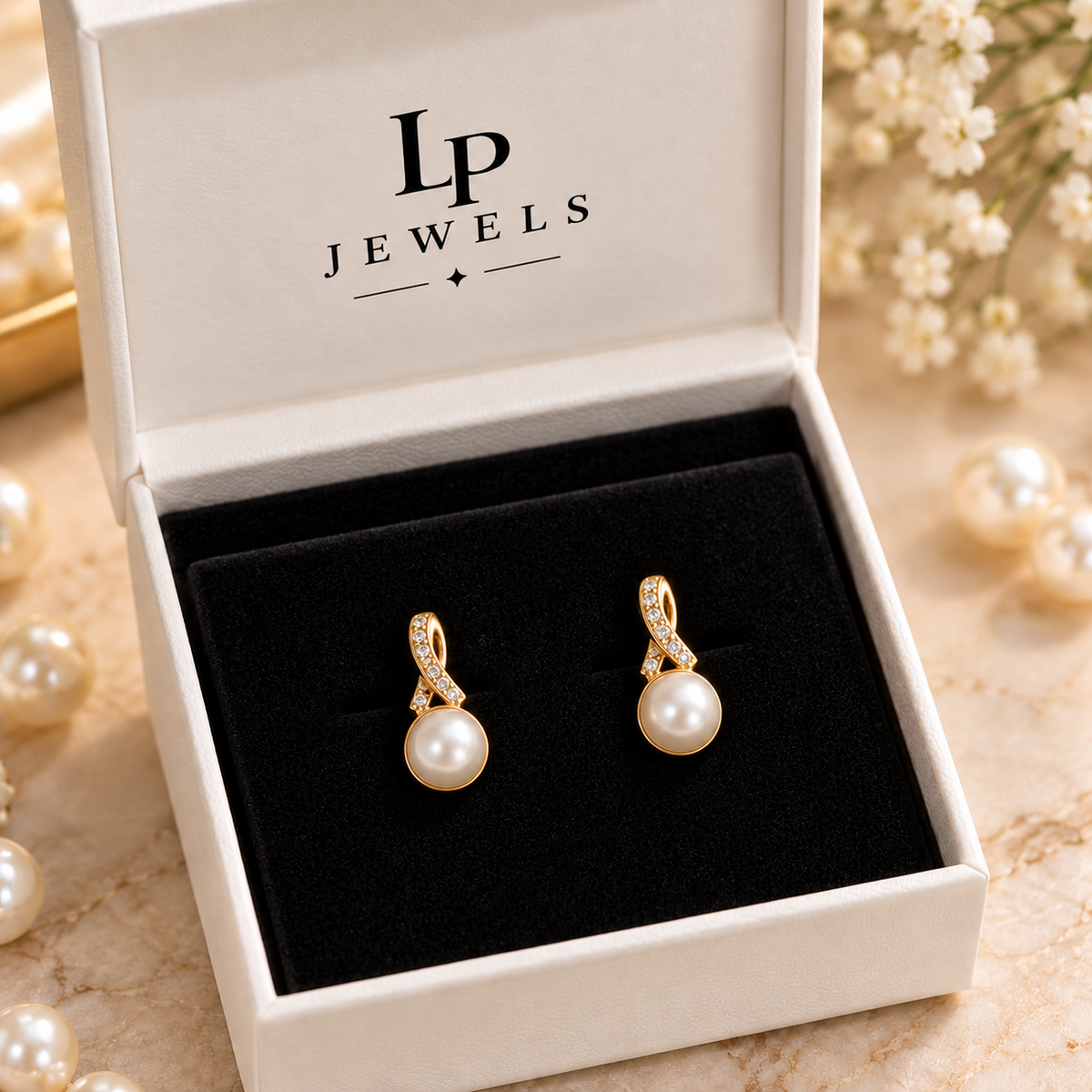 Pearl Drop Earrings | Gold Plated CZ Ribbon Twist with Bezel-Set Pearl