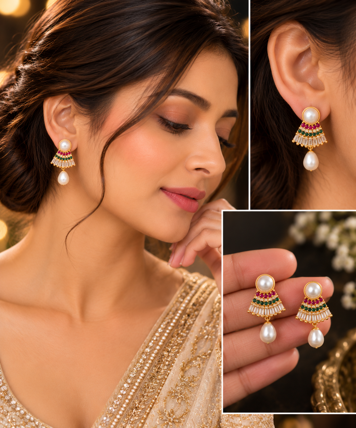 Pearl Drop Earrings with Red, Green & White CZ for Women | Traditional Festive Earrings | LP Jewels