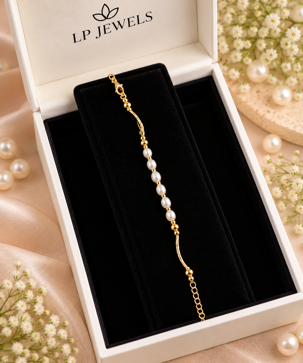 Gold-Tone Pearl Bracelet for Women with Adjustable Chain | Elegant Minimalist Pearl Jewellery – LP JEWELS