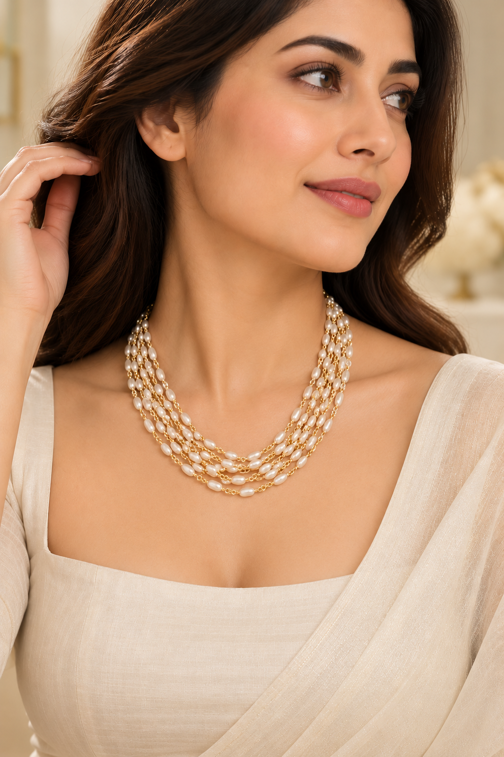 Multi-Strand Rice Pearl Necklace, 16 Inch | LP Jewels
