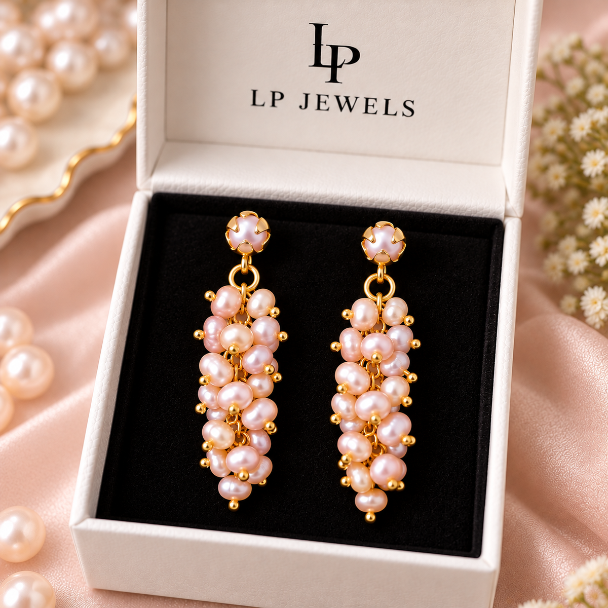 Peach Pearl Cluster Drop Earrings | Gold Plated Freshwater Pearl Tassel Dangle
