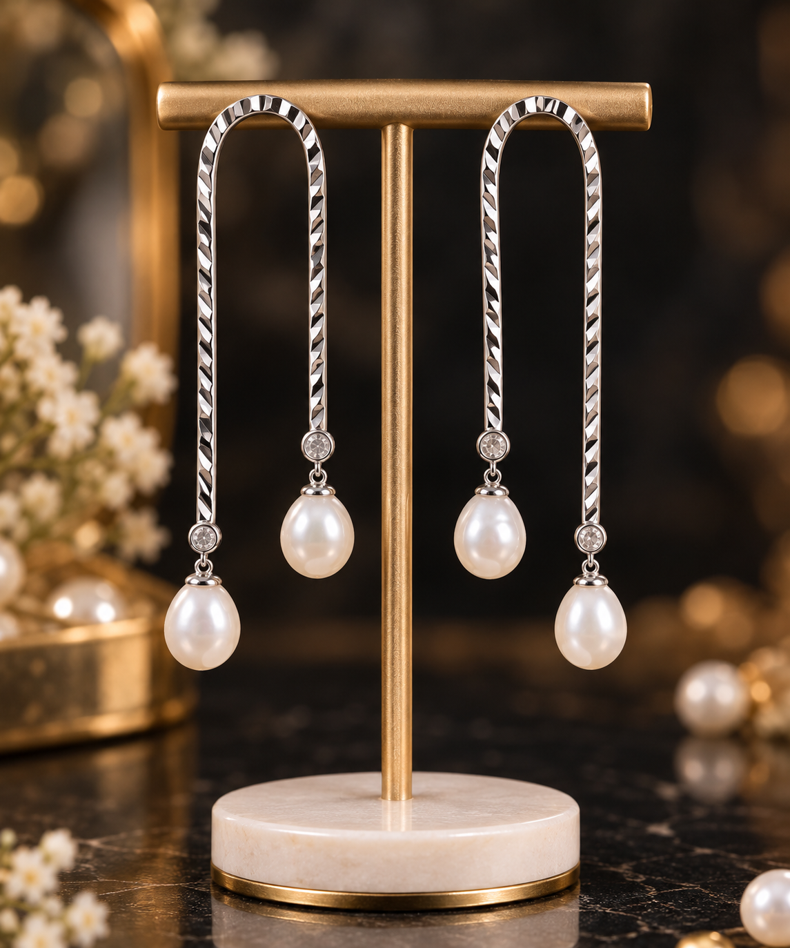 Pearl Drop Earrings | Silver Tone Textured Arch Dangle with Twin Pearls and CZ