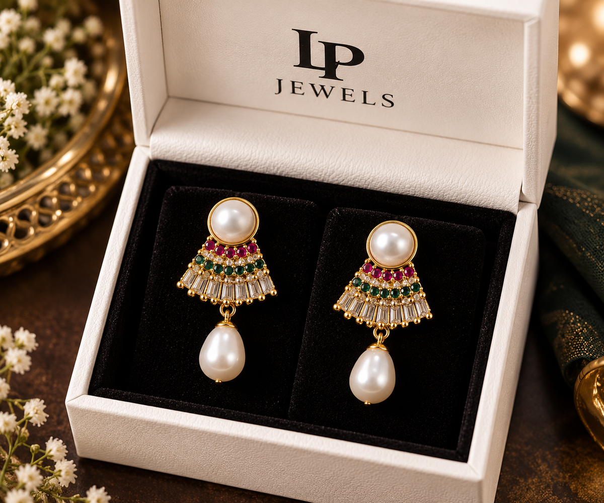 Pearl Drop Earrings with Red, Green & White CZ for Women | Traditional Festive Earrings | LP Jewels