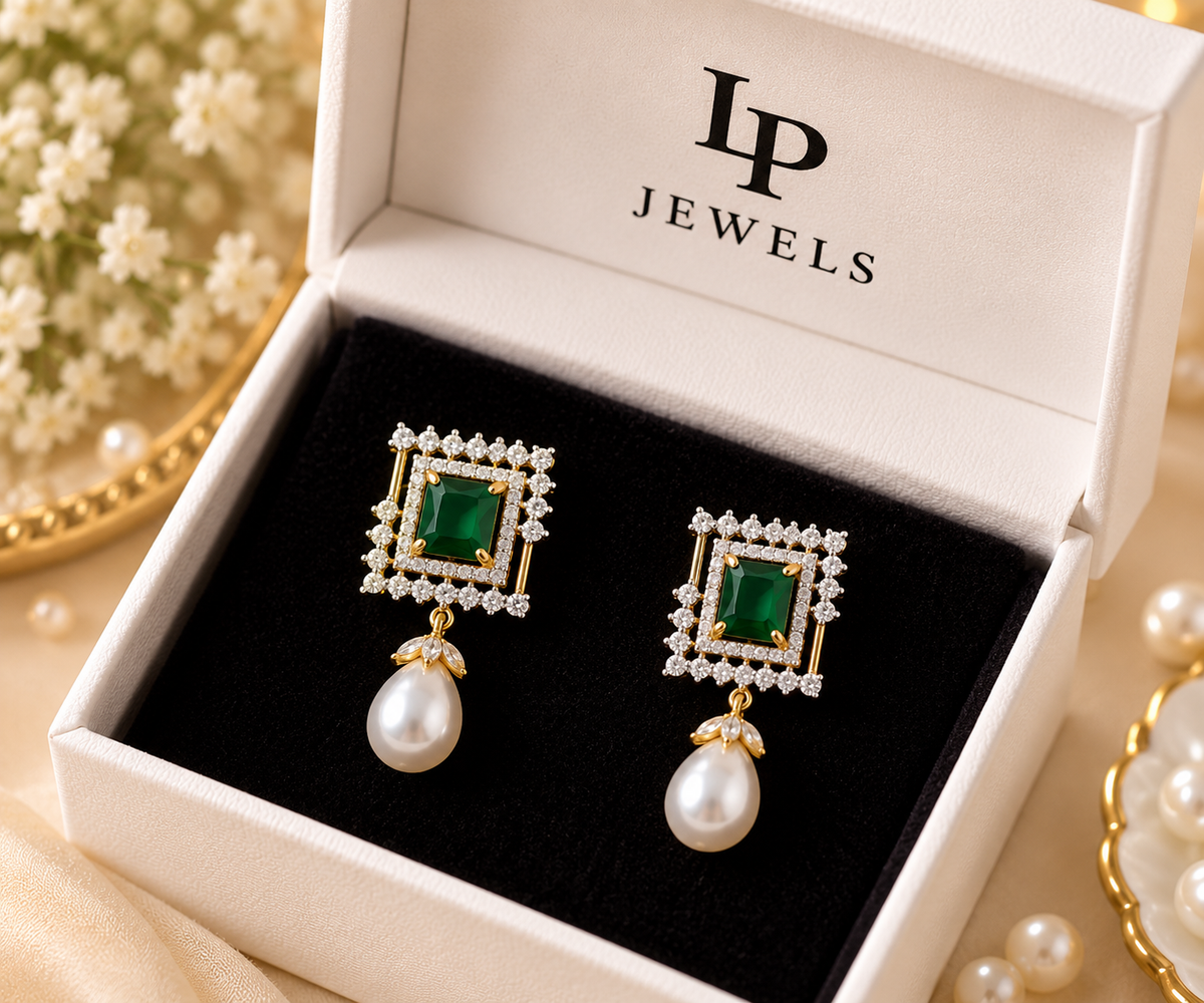 Emerald Green Halo Pendant Set with Pearl Drops | Necklace & Earrings Set for Women | LP Jewels