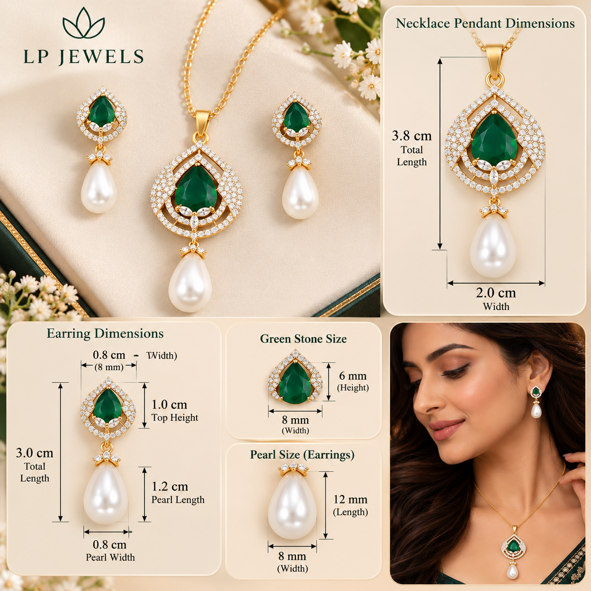 Emerald Green Teardrop Pearl Pendant Necklace & Earrings Set | Gold Tone
