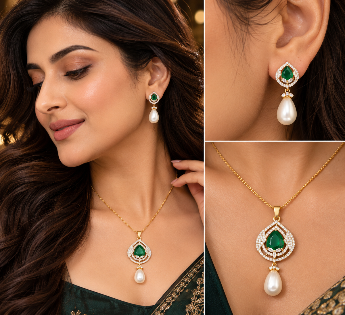 Emerald Green Teardrop Pearl Pendant Necklace & Earrings Set | Gold Tone