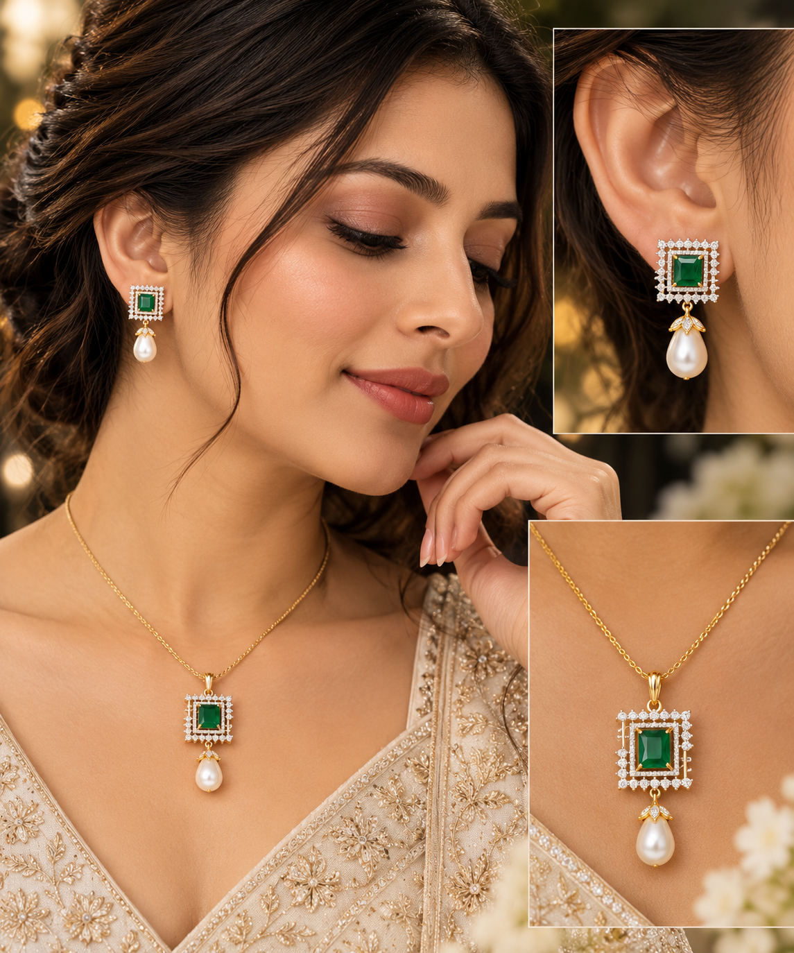 Emerald Green Halo Pendant Set with Pearl Drops | Necklace & Earrings Set for Women | LP Jewels