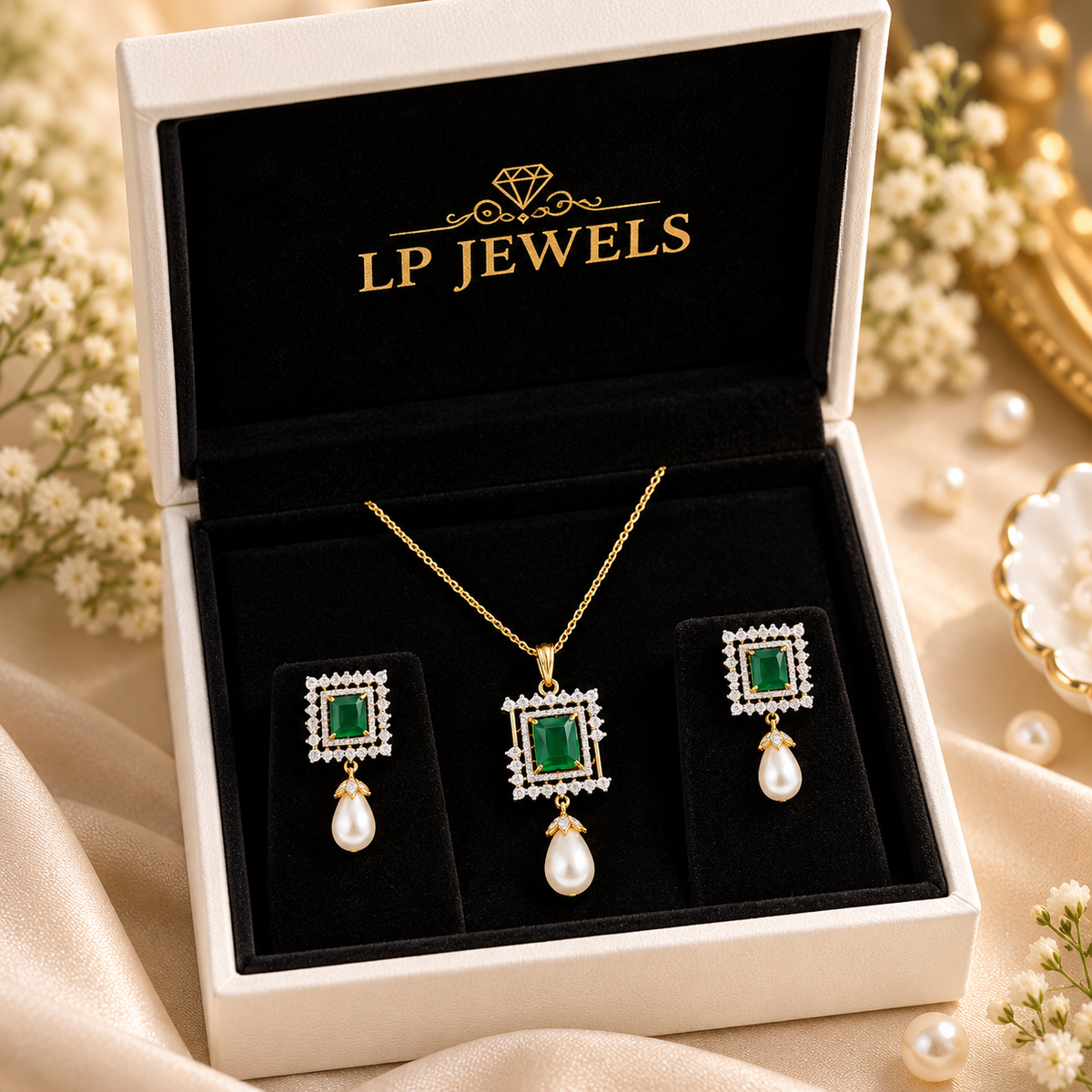 Emerald Green Halo Pendant Set with Pearl Drops | Necklace & Earrings Set for Women | LP Jewels