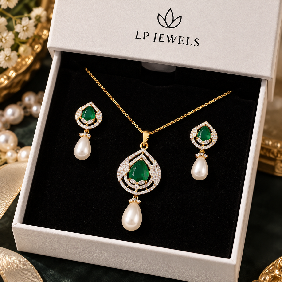 Emerald Green Teardrop Pearl Pendant Necklace & Earrings Set | Gold Tone