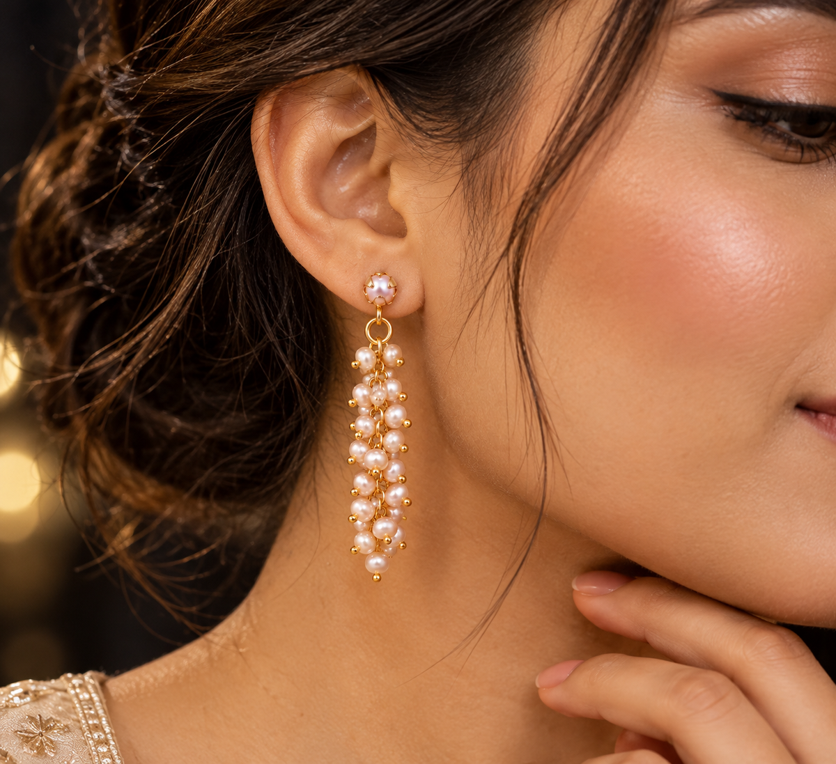 Peach Pearl Cluster Drop Earrings | Gold Plated Freshwater Pearl Tassel Dangle
