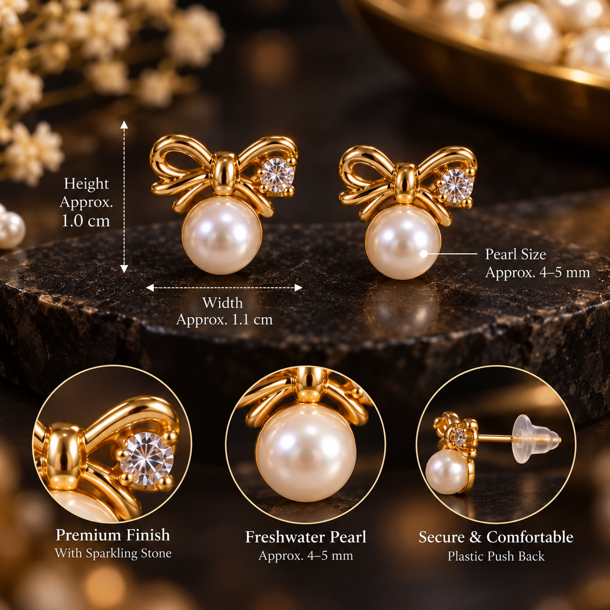 Pearl Bow Stud Earrings | Gold Plated Ribbon Bow with Freshwater Pearl and CZ