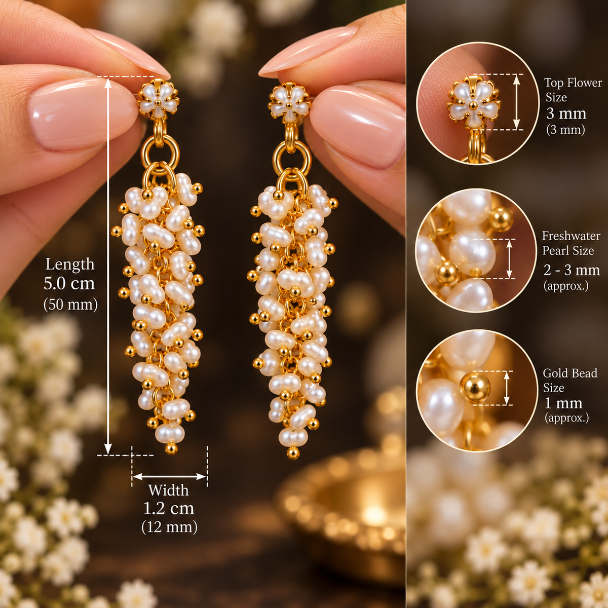 Pearl Cluster Drop Earrings | Gold Plated Freshwater Rice Pearl Tassel Dangle