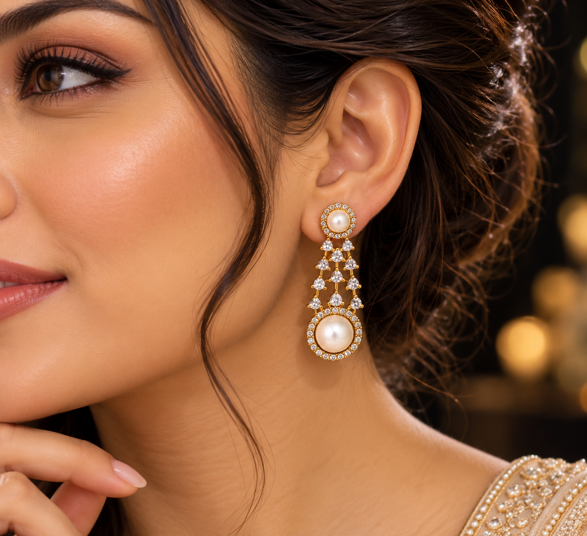 Double Pearl Halo CZ Drop Earrings – Gold-Tone | LP Jewels