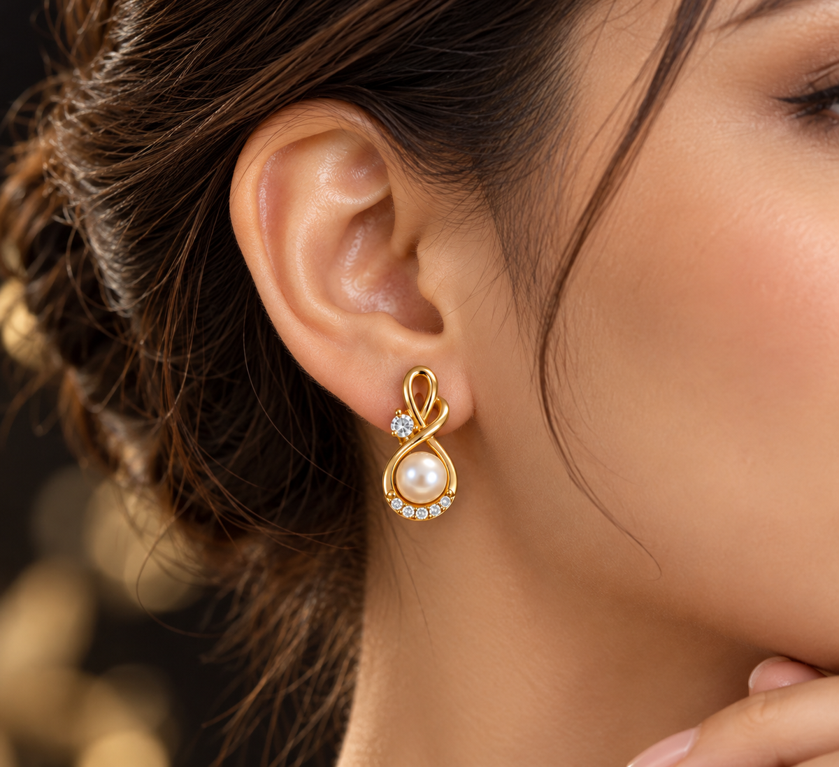 Pearl Stud Earrings | Gold Plated Infinity Twist with CZ and Freshwater Pearl