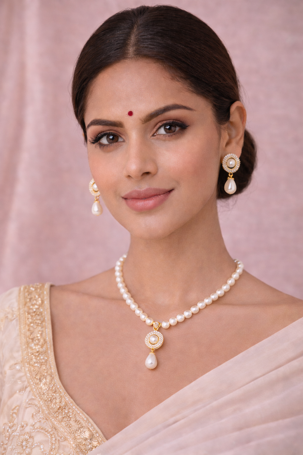 LP JEWELS: Minimal Gold-Finish Oval Pearl Necklace Set with Matching Earrings