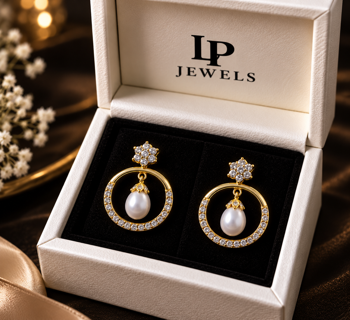 CZ Circle Pearl Drop Earrings – Gold-Tone | LP Jewels