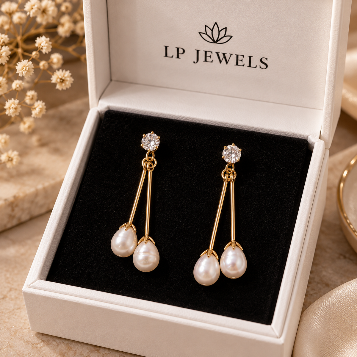 Pearl Drop Earrings | Gold Plated Twin Teardrop Pearl Dangle with CZ Stud