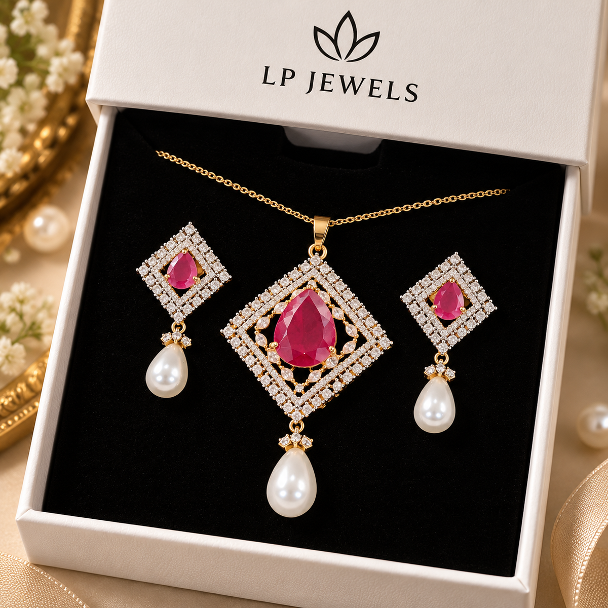 Ruby Pink Diamond-Shape Pearl Pendant Necklace & Earrings Set | Gold Tone Zircon Jewellery Set
