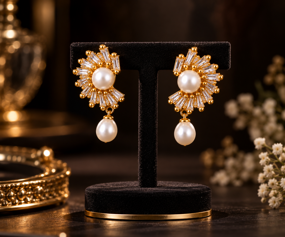 Pearl Sunburst Baguette CZ Earrings – Gold-Tone | LP Jewels