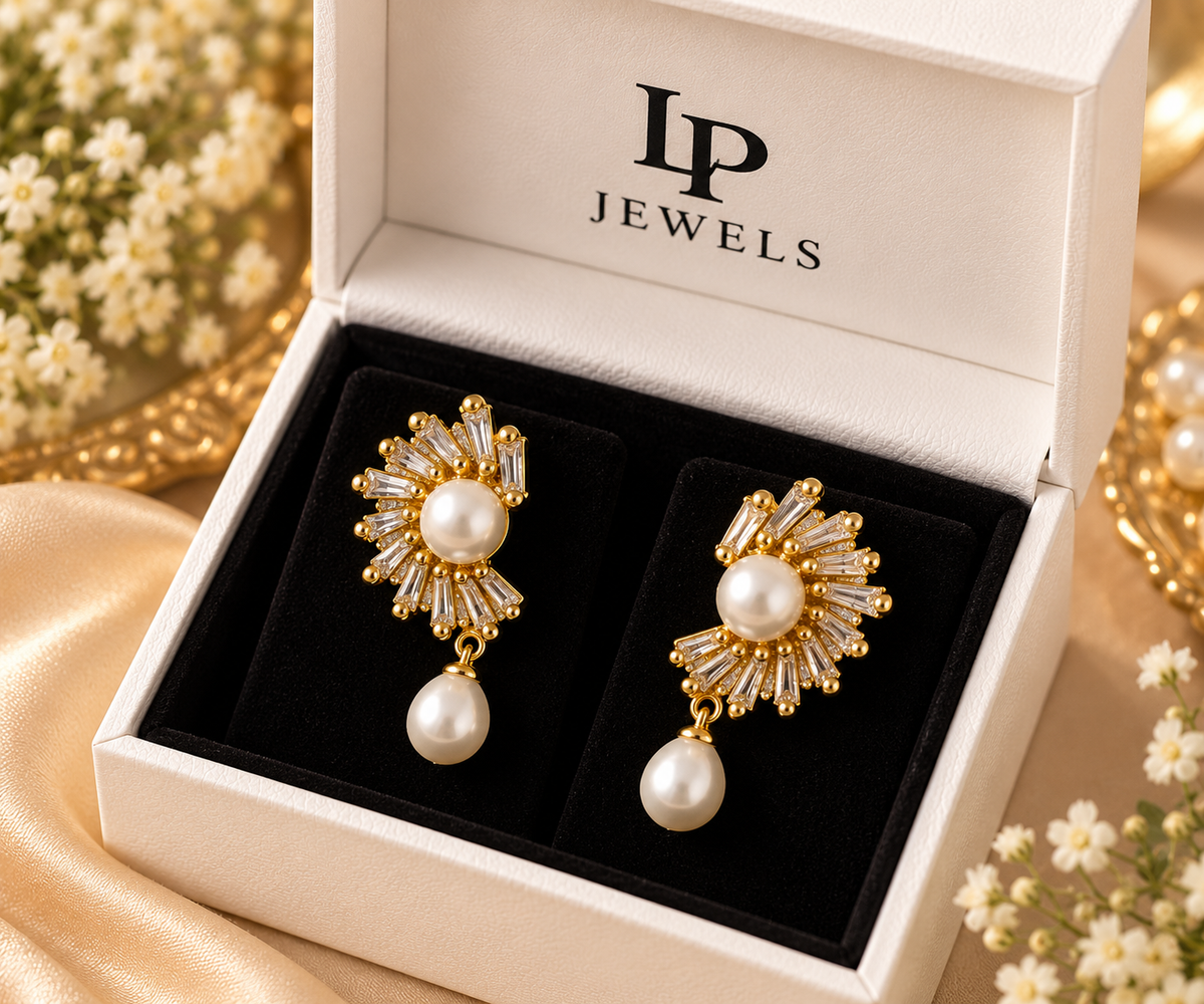 Pearl Sunburst Baguette CZ Earrings – Gold-Tone | LP Jewels