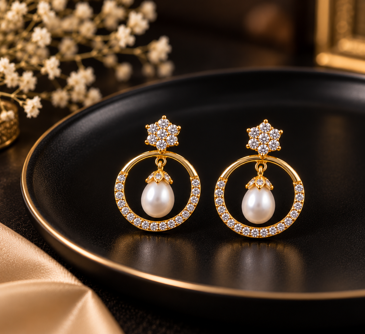 CZ Circle Pearl Drop Earrings – Gold-Tone | LP Jewels