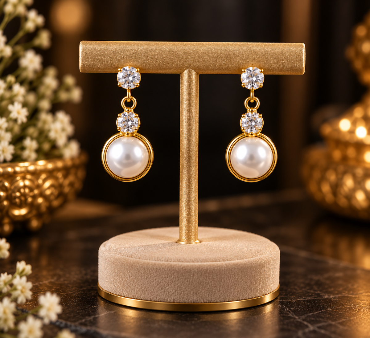 CZ & Pearl Drop Earrings – Gold-Tone Dangle | LP Jewels