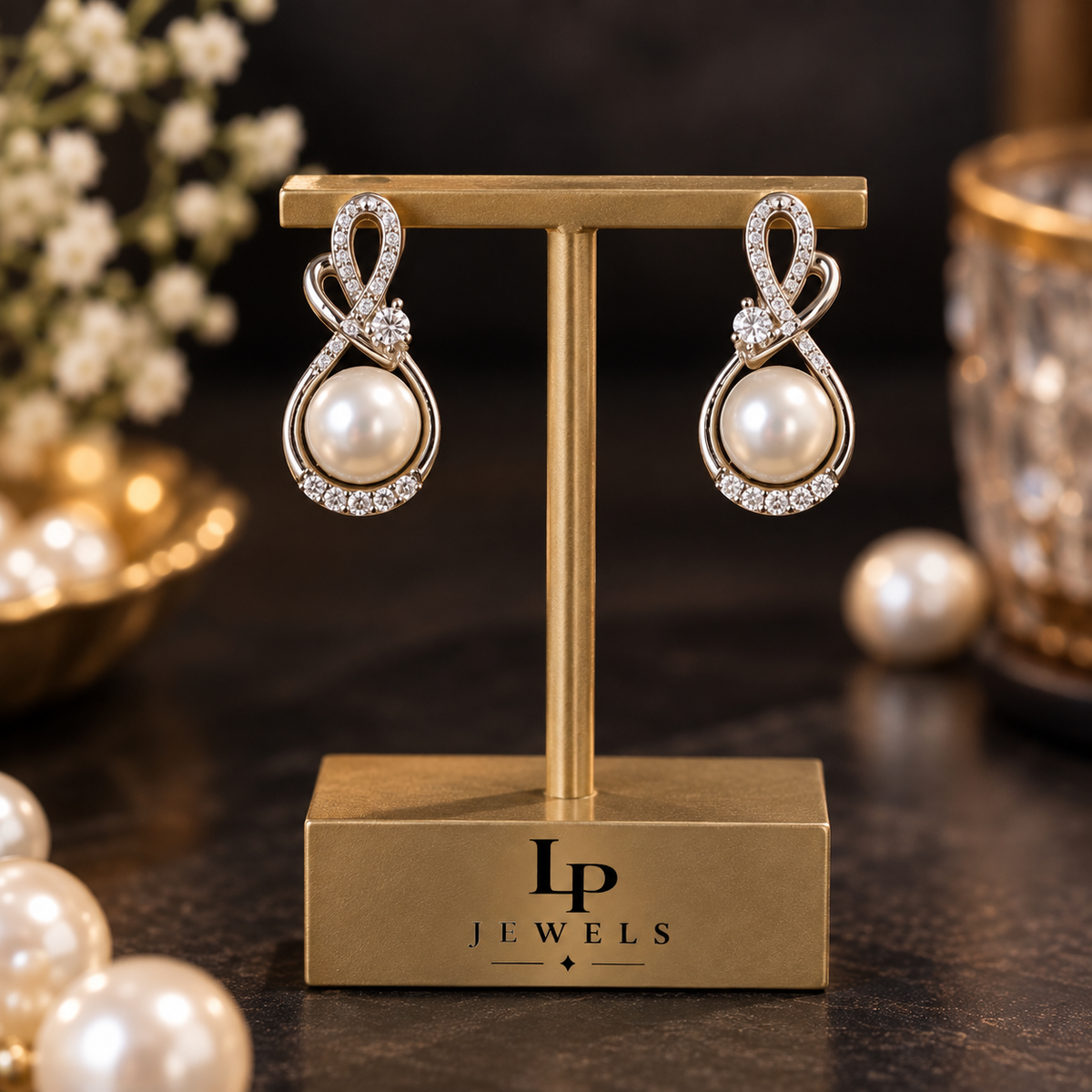 Pearl Stud Earrings | Silver Tone Infinity Twist with CZ Pavé and Pearl