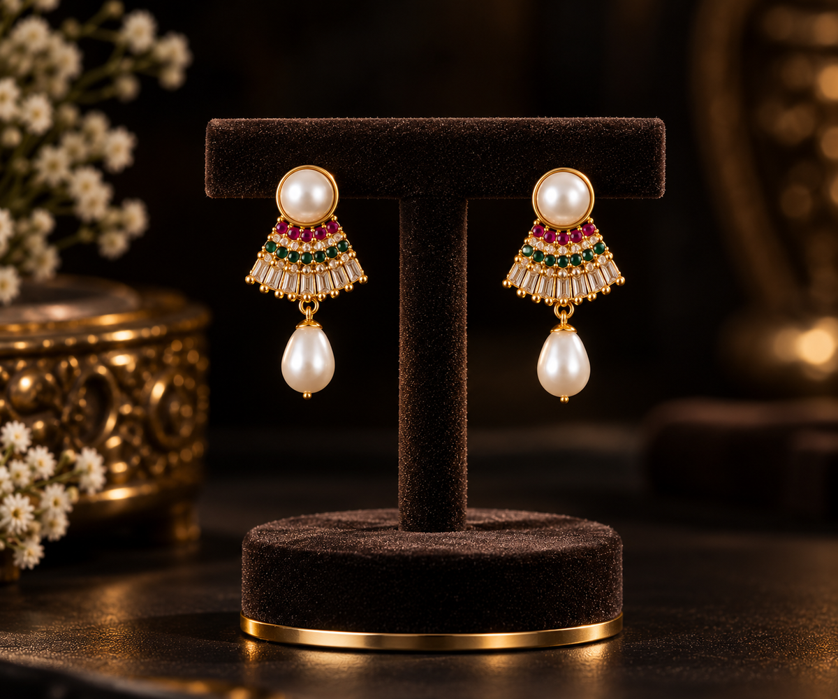 Pearl Drop Earrings with Red, Green & White CZ for Women | Traditional Festive Earrings | LP Jewels