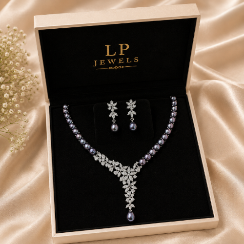 Black Freshwater Pearl Necklace Set with CZ Earrings | LP JEWELS