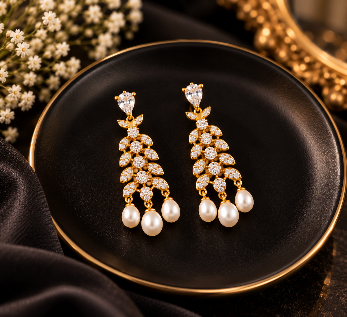 Leaf CZ Chandelier Pearl Earrings – Gold-Tone | LP Jewels