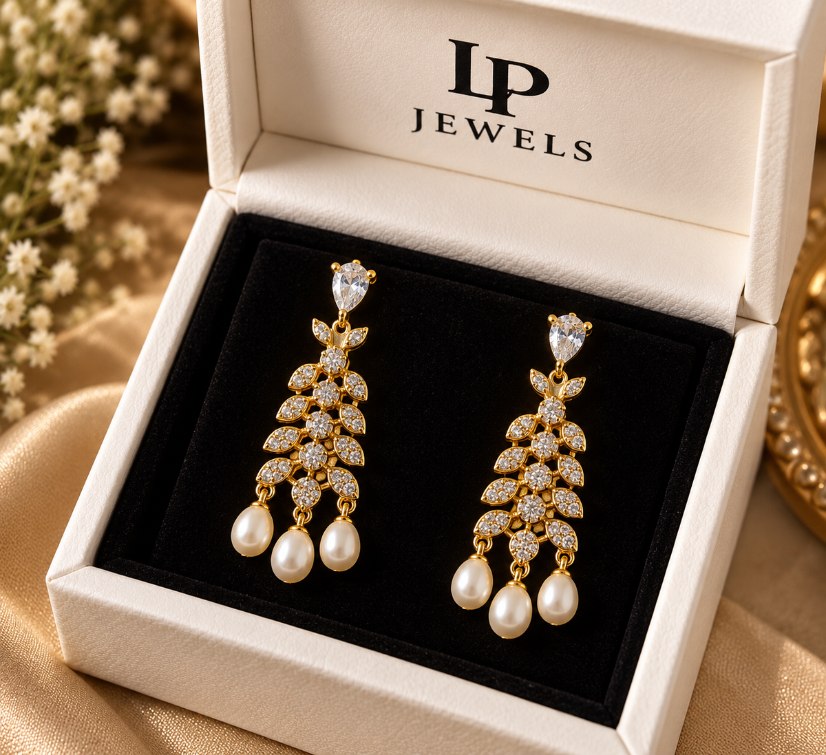 Leaf CZ Chandelier Pearl Earrings – Gold-Tone | LP Jewels