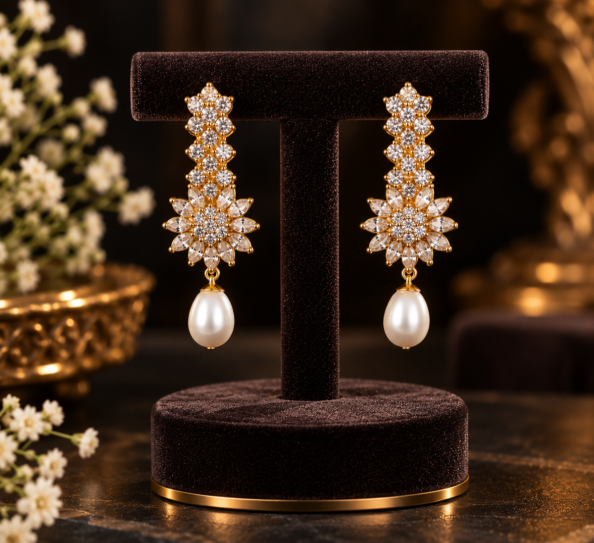 Floral CZ & Pearl Long Drop Earrings – Gold-Tone | LP Jewels