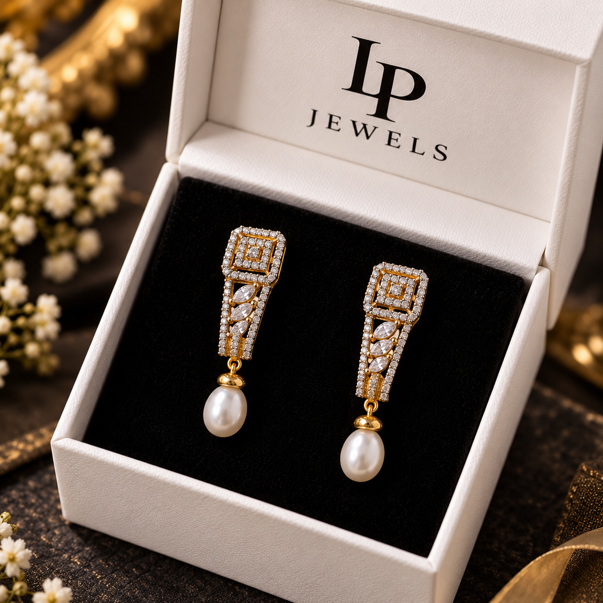 Art Deco CZ Pearl Drop Earrings – Gold-Tone | LP Jewels