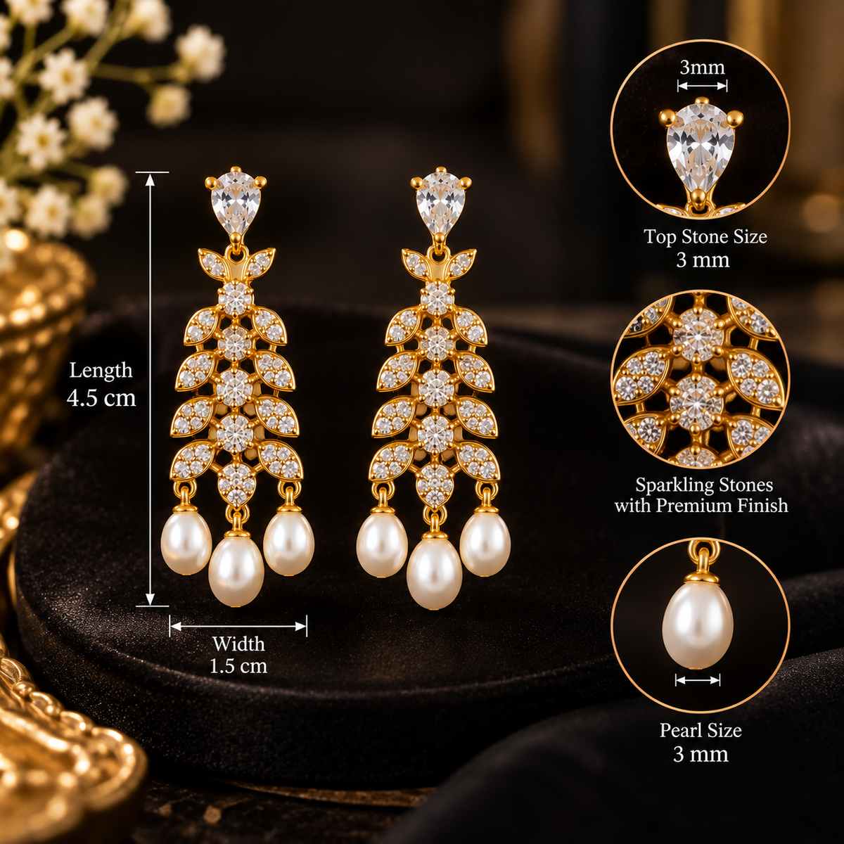 Leaf CZ Chandelier Pearl Earrings – Gold-Tone | LP Jewels