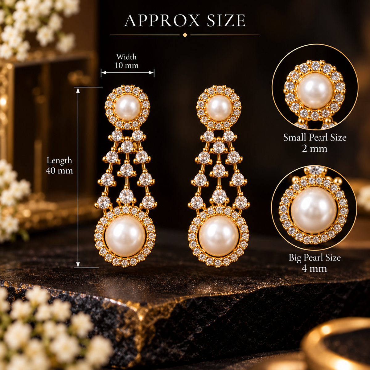 Double Pearl Halo CZ Drop Earrings – Gold-Tone | LP Jewels