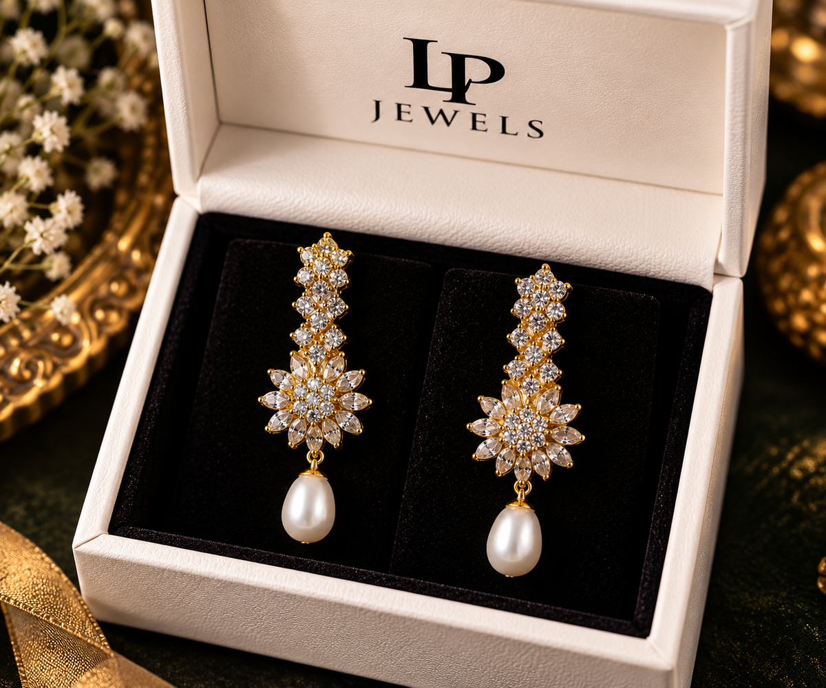 Floral CZ & Pearl Long Drop Earrings – Gold-Tone | LP Jewels
