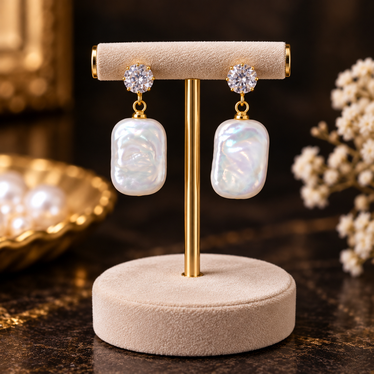 Baroque Pearl Drop Earrings | Gold Plated Rectangular Freshwater Pearl with CZ Stud