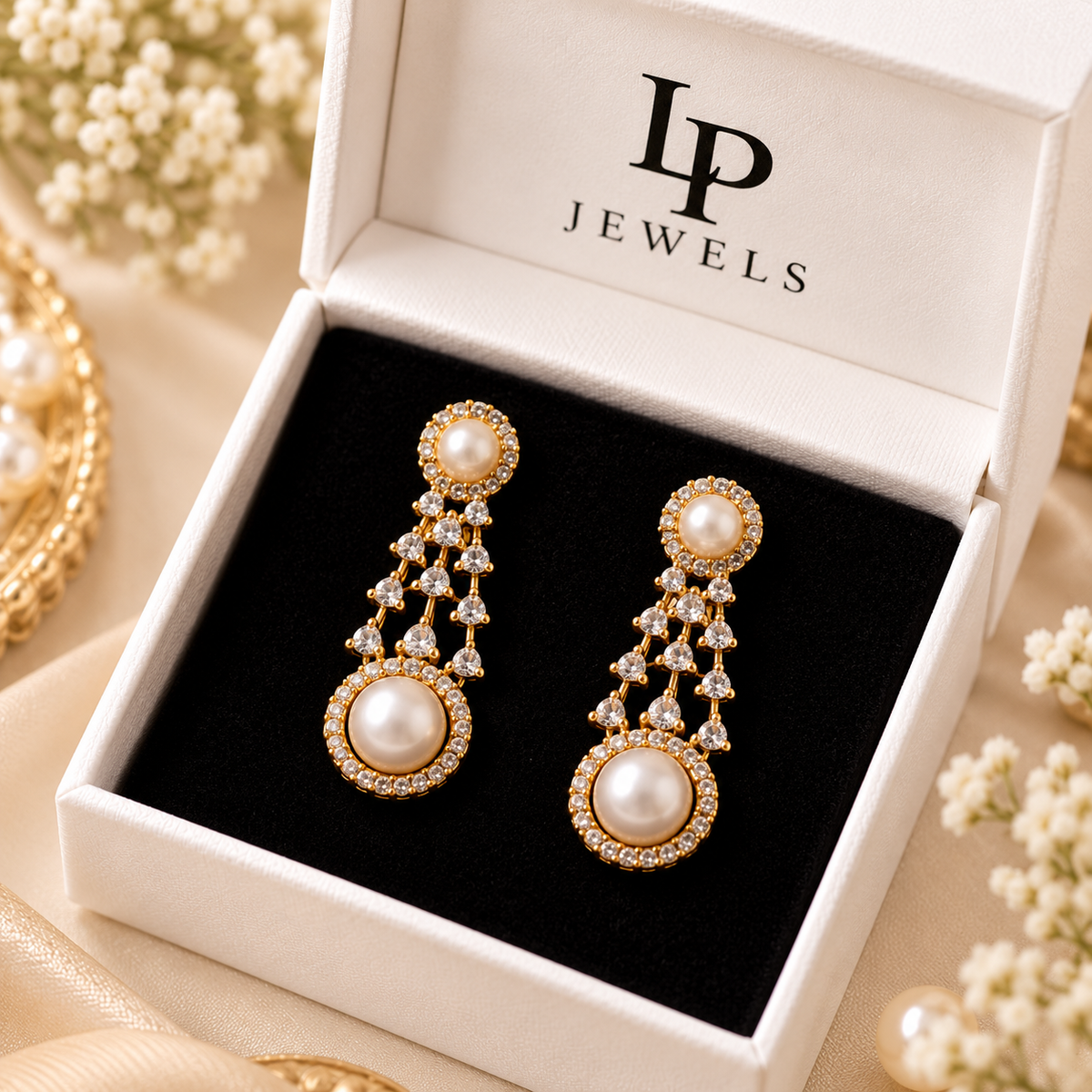 Double Pearl Halo CZ Drop Earrings – Gold-Tone | LP Jewels