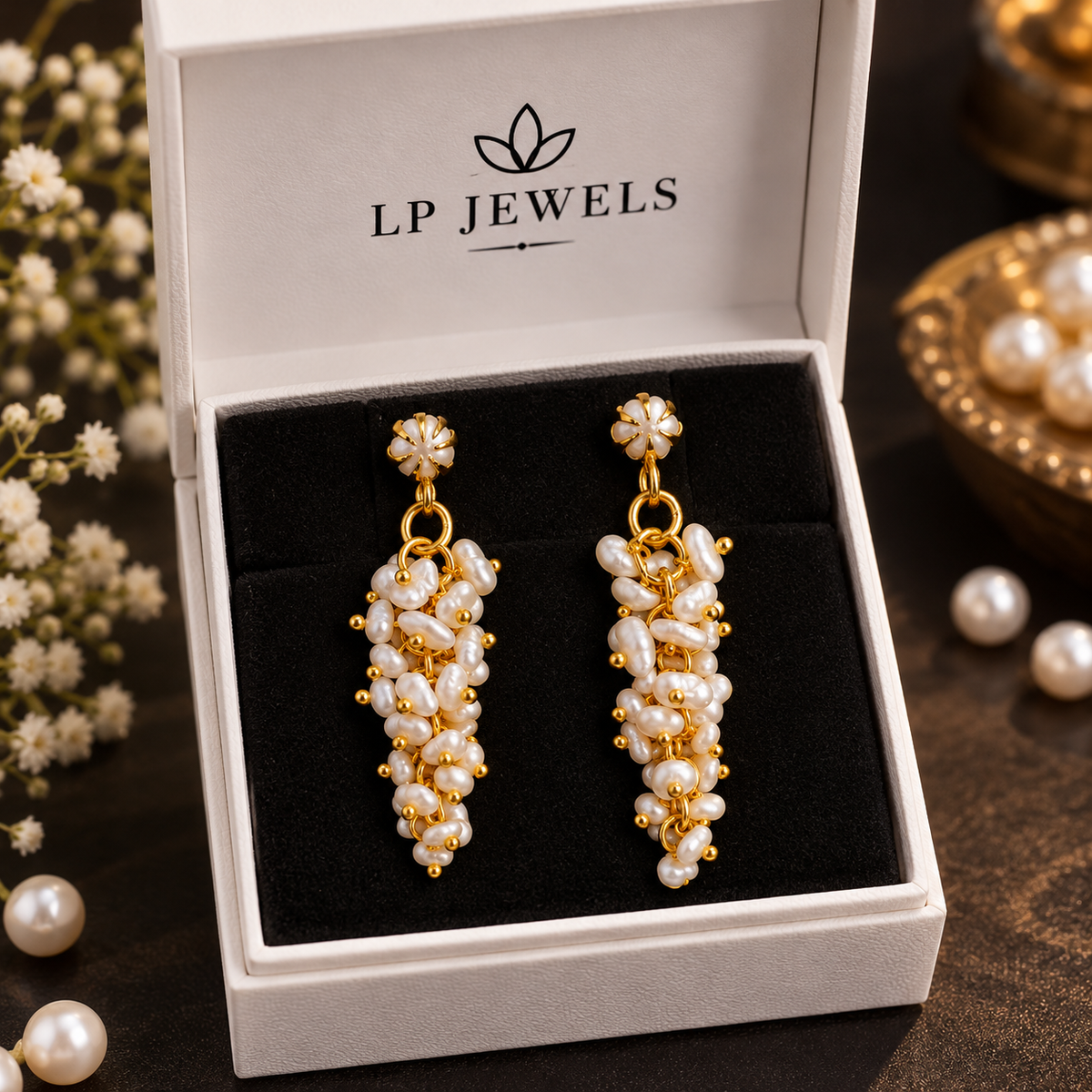 Pearl Cluster Drop Earrings | Gold Plated Freshwater Rice Pearl Tassel Dangle