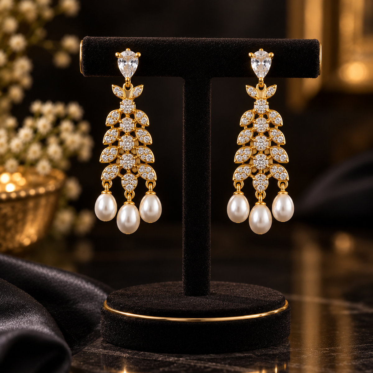 Leaf CZ Chandelier Pearl Earrings – Gold-Tone | LP Jewels