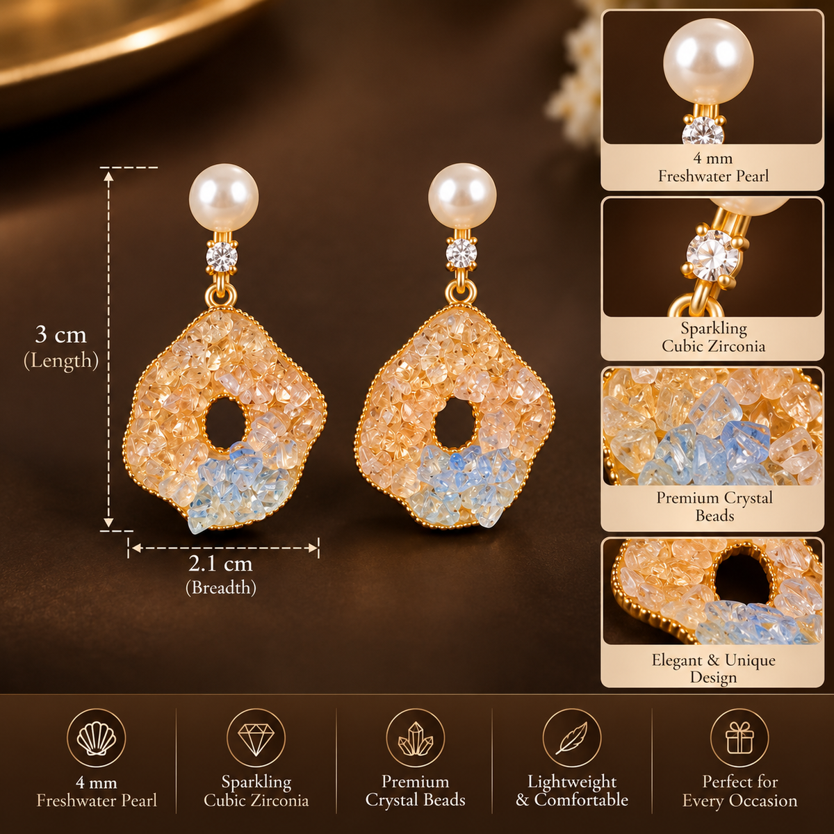 Champagne Crystal & Pearl Drop Earrings for Women | Gold-Tone Statement Earrings | LP Jewels