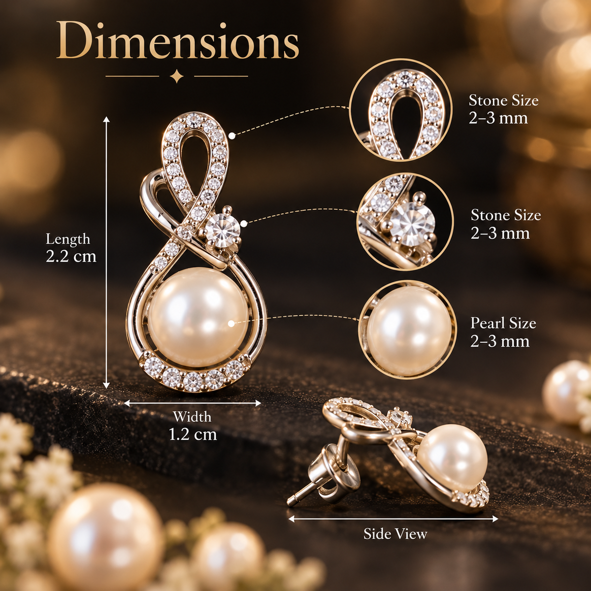 Pearl Stud Earrings | Silver Tone Infinity Twist with CZ Pavé and Pearl