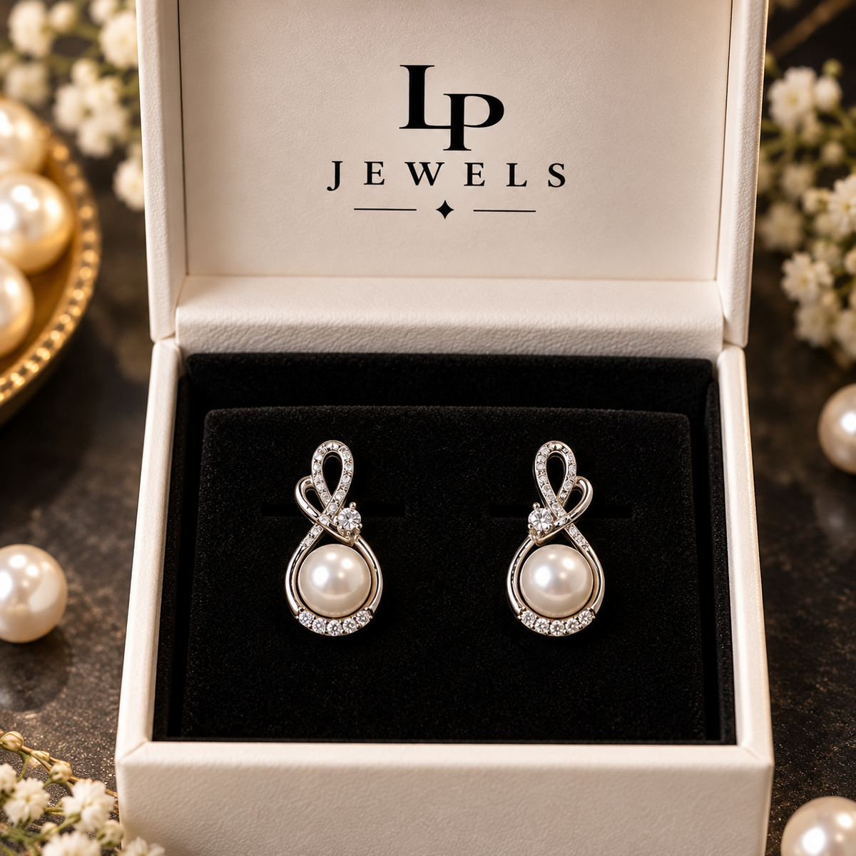 Pearl Stud Earrings | Silver Tone Infinity Twist with CZ Pavé and Pearl