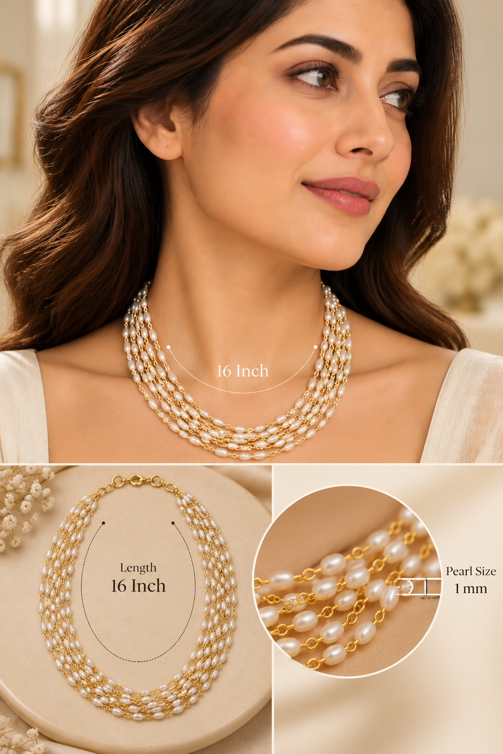 Multi-Strand Rice Pearl Necklace, 16 Inch | LP Jewels
