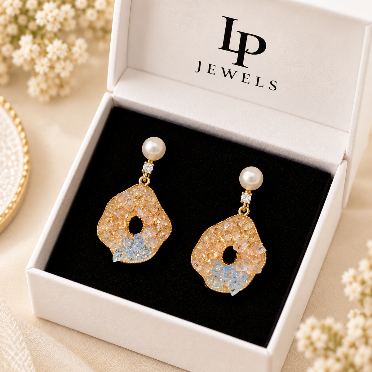 Champagne Crystal & Pearl Drop Earrings for Women | Gold-Tone Statement Earrings | LP Jewels