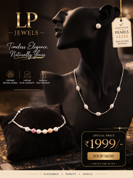 LP Jewels Certified Natural Pearl Jewelry Set – Elegant Pearl Necklace, Stud Earrings & Multicolor Bracelet