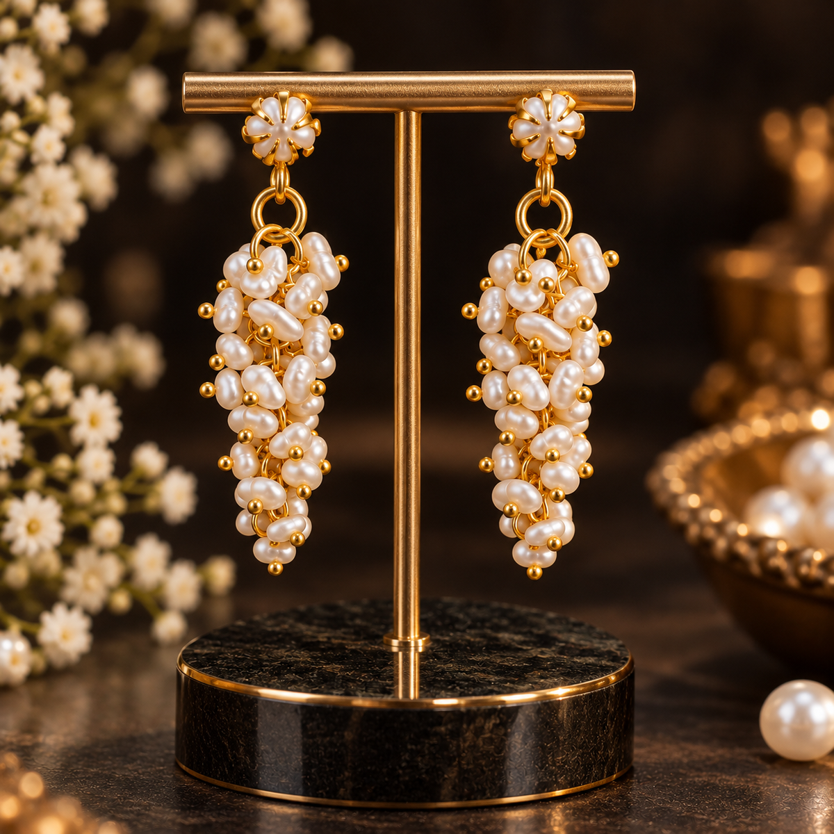 Pearl Cluster Drop Earrings | Gold Plated Freshwater Rice Pearl Tassel Dangle