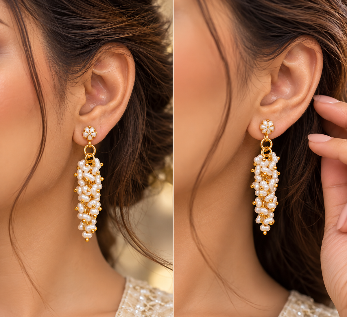 Pearl Cluster Drop Earrings | Gold Plated Freshwater Rice Pearl Tassel Dangle