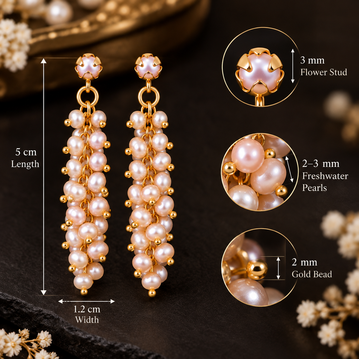 Peach Pearl Cluster Drop Earrings | Gold Plated Freshwater Pearl Tassel Dangle