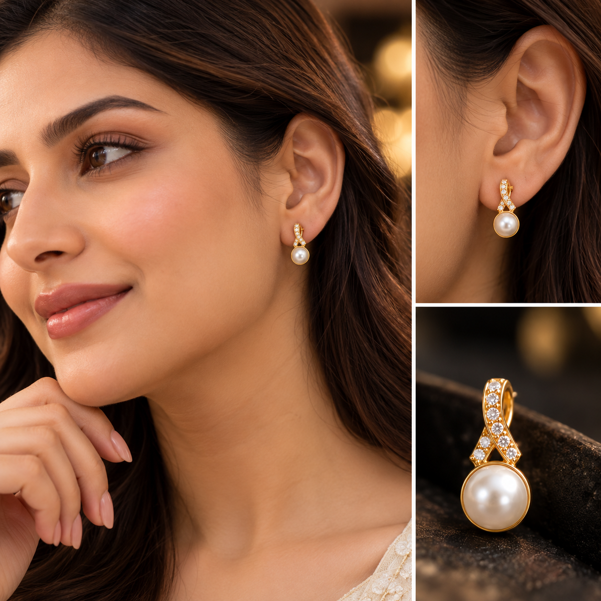 Pearl Drop Earrings | Gold Plated CZ Ribbon Twist with Bezel-Set Pearl